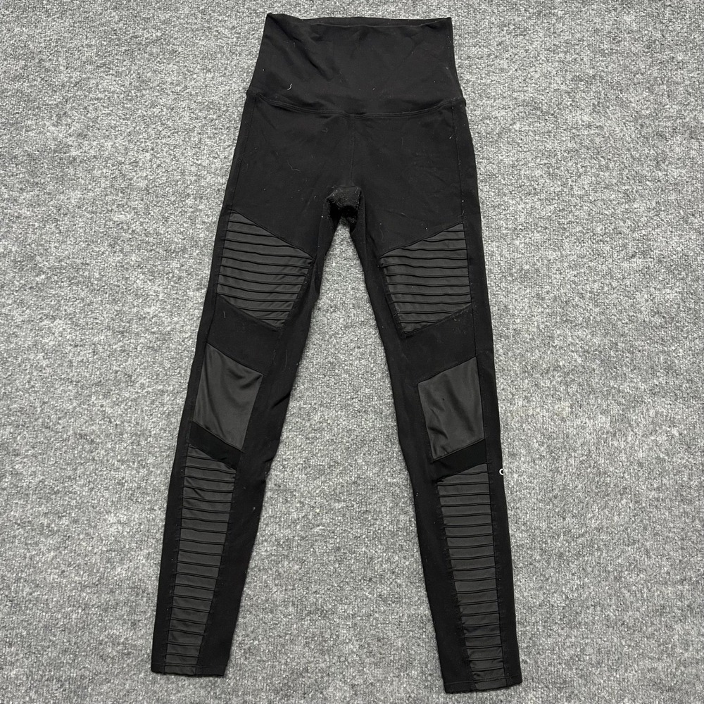 Alo Yoga Leggings Womens Size XS Black Moto High Waist Quilted Mesh Detail Good